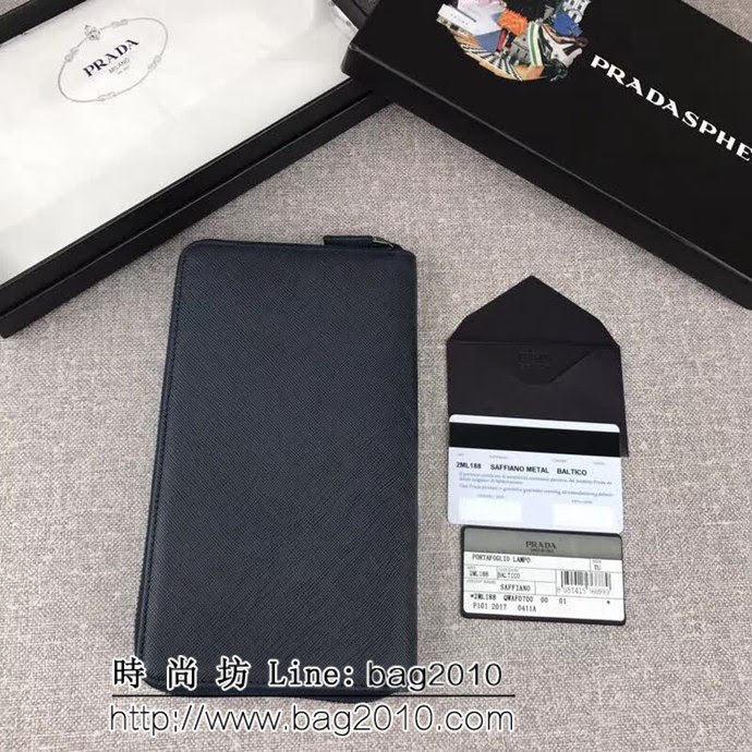 PRADA普拉達 專櫃最新款式 頂級原單十字紋牛皮 男士大號單拉鏈錢包 2ML188 DD1317